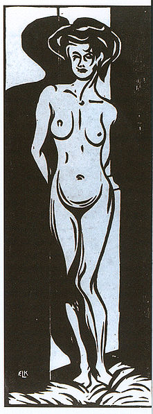 Nude young woman in front of a oven - Woodcut - Museumslandschaft Hessen, Kassel